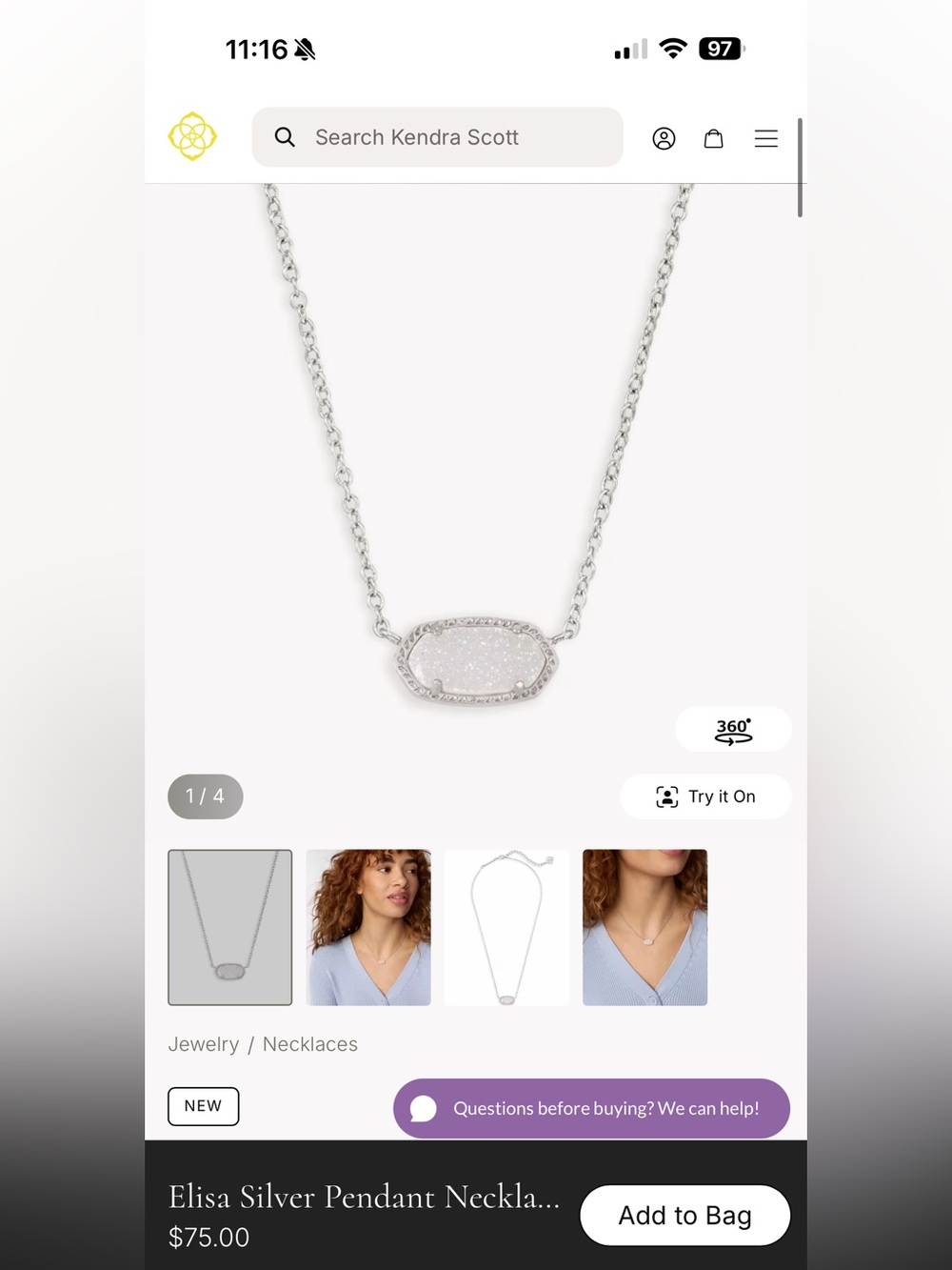 Kendra Scott Elisa Silver White Druzy Pendant Necklace